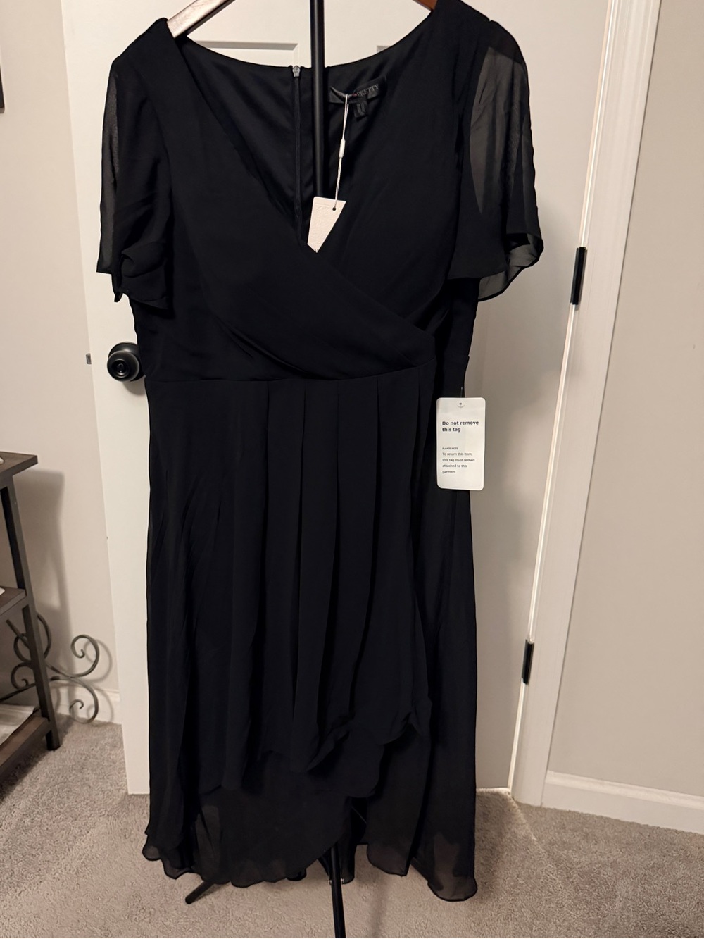 Ever Pretty Black Chiffon Wrap Midi Dress with Flutter Sleeves